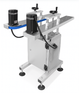 Banda de transferencia lateral de envases – sistema automático para el transporte y alineación de botellas, frascos y envases en líneas de producción.