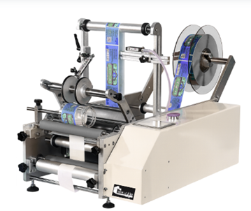 Etiquetadora semiautomática para envases redondos – máquina para aplicar etiquetas en botellas, frascos y tubos cilíndricos con precisión y facilidad.