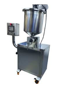 Máquina dosificadora volumétrica por servomotor en acero inoxidable para llenado preciso de productos líquidos y semilíquidos.